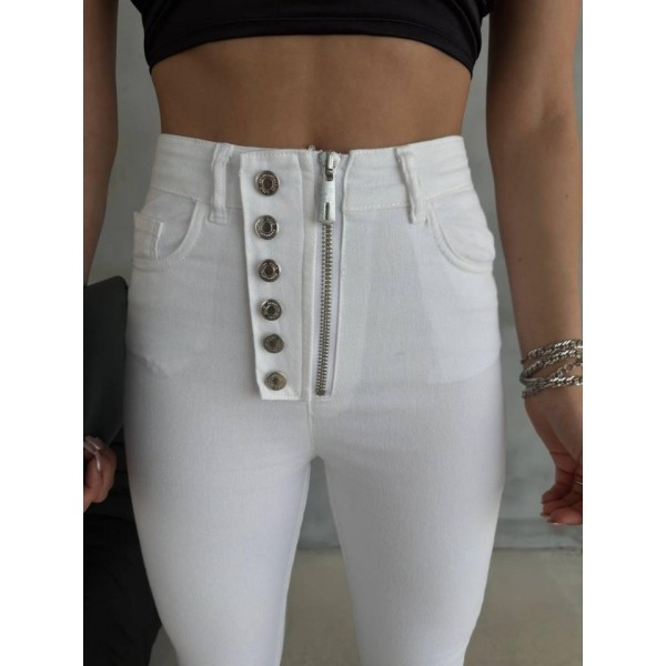 DÜĞME VE FERMUARLI KOT PANTOLON - Beyaz