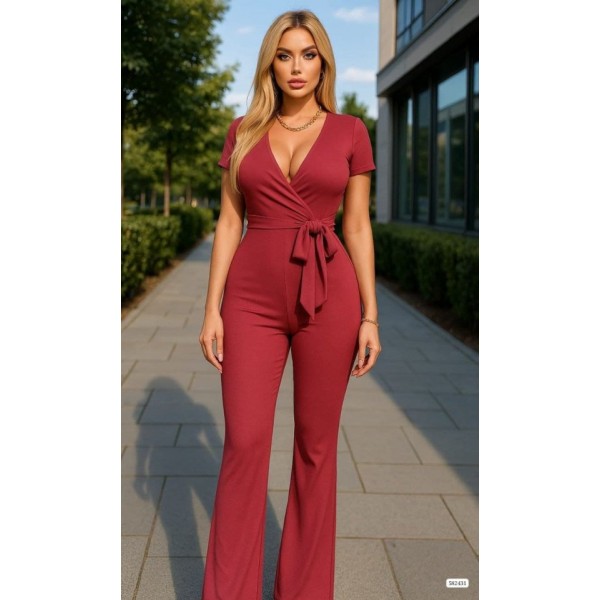 Kadın Kruvaze Yaka Kısa Kollu Kuşaklı Tulum