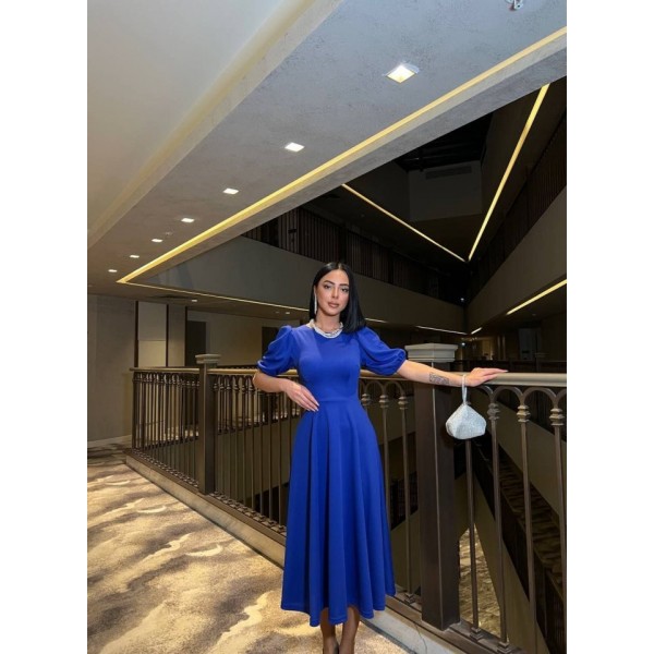 Kadın Bisiklet Yaka Kısa Kol Lastik Detay Uzun Elbise