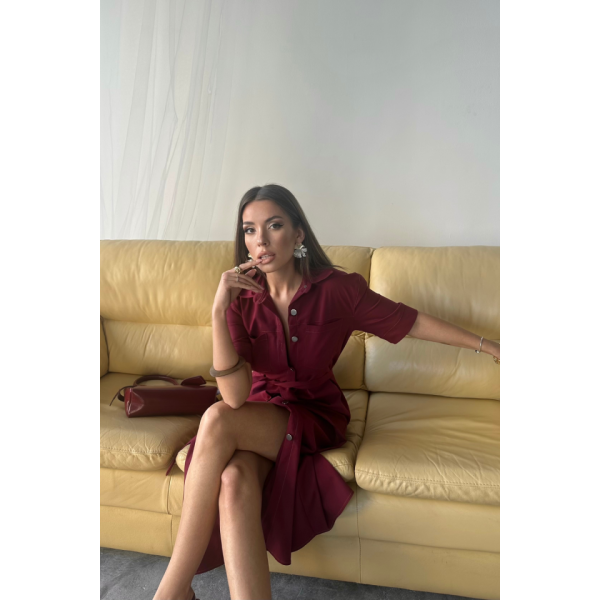 TENCEL ÖNDEN DÜĞMELİ KISA KOL ELBİSE - Bordo
