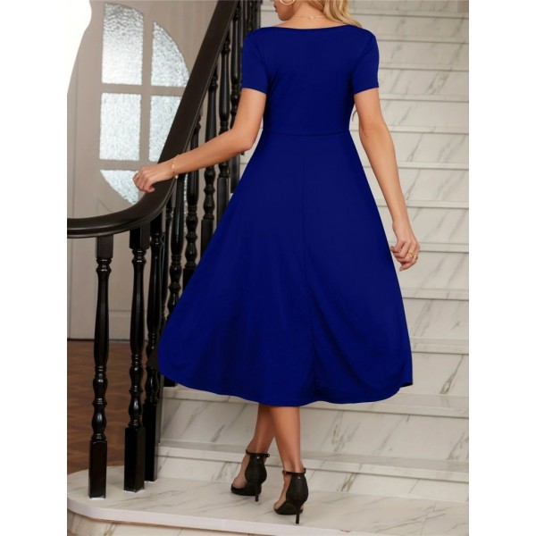 Kadın Kısa Kollu V Yakalı önden Pileli Midi Janjan Krep Elbise