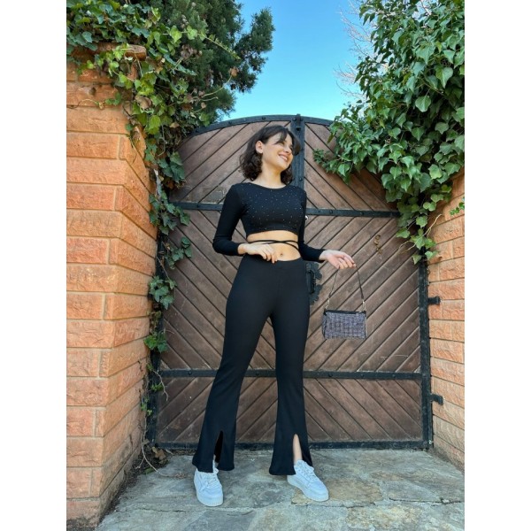 Kadın Paçası Yırtmaç Detaylı Taşlı Bel Bağlamalı Kaşkorse İkili Takım