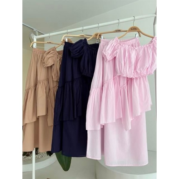 Büzgülü Crop Kat Detaylı Fırfır Etekli Takım 10196