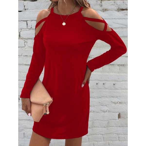 Kadın Uzun Kollu Omuz Açık Askı Detay Viskon Mini Boy Elbise