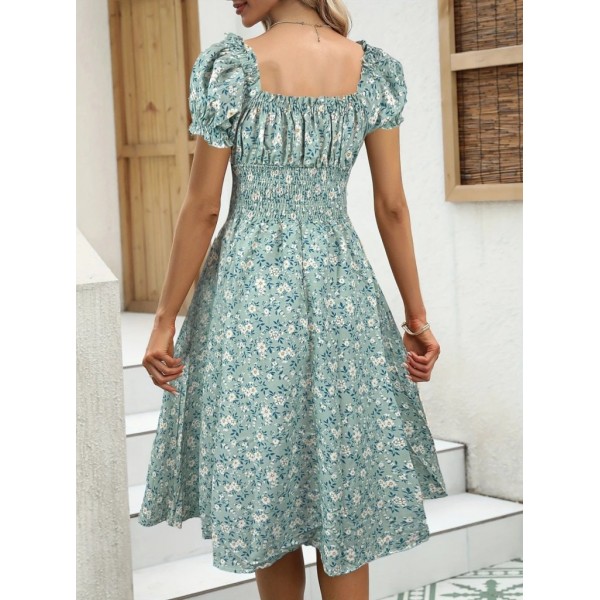 Kadın Kısa Kollu Kruvaze Yaka Lastikli Belden Gipeli çiçek Desenli Suprem Elbise