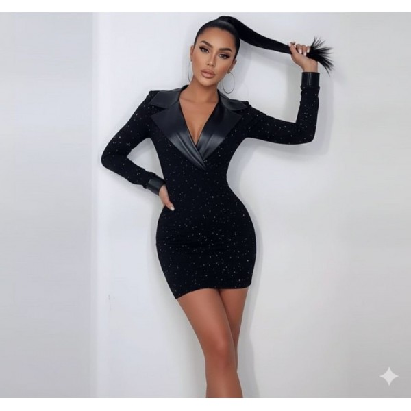 Kadın Deri Detaylı Manşet Yaka Simli Fukara Kumaş Mini Elbise