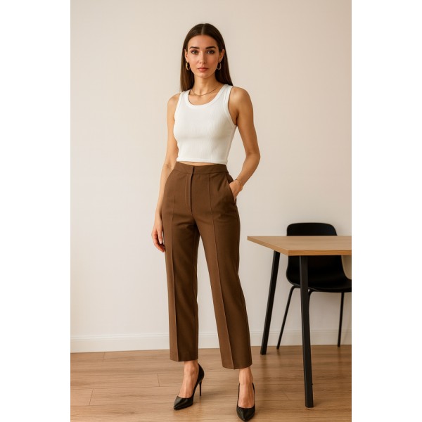 Poly Viscose Yüksek Bel Pervazli Pantolon