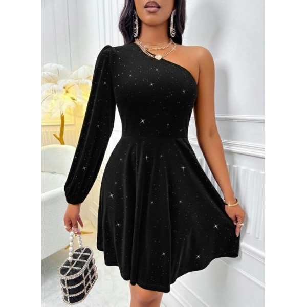 Kadın Tek Omuzdan Açık Uzun Kollu Taşlı Mini Elbise