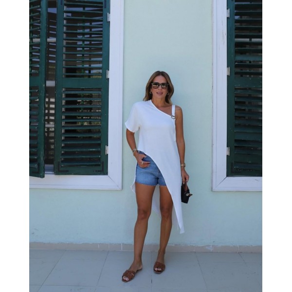 Kadın Tek Omuzu Açık Askılı Asimetrik Kesim Detaylı Bluz