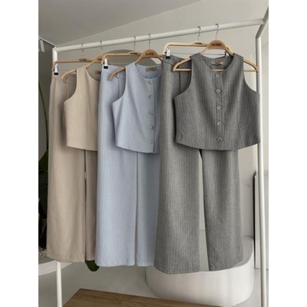 Yelek Plazzo Pantolon Çizgili Flamlı Poliviscon Takım 10178