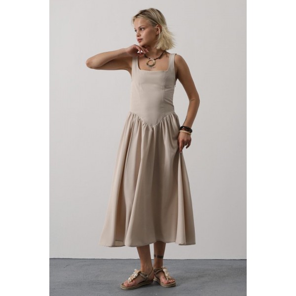 Askılı Uzun Elbise - Taş