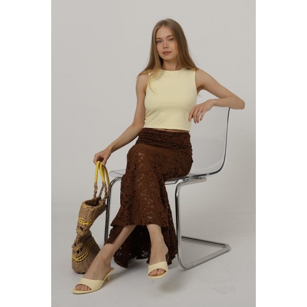 Bel Lastikli Dantel Etek - Kahve