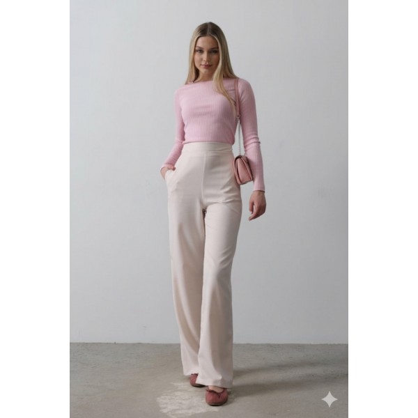 Beli Yarım Lastikli Palazzo Pantolon - Pudra