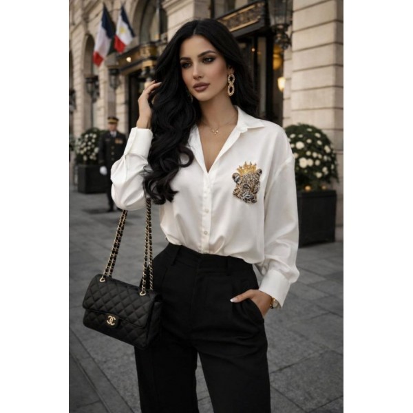 Kadın Leopar Baskılı Taş Işlemeli Jessica Kumaş Gömlek