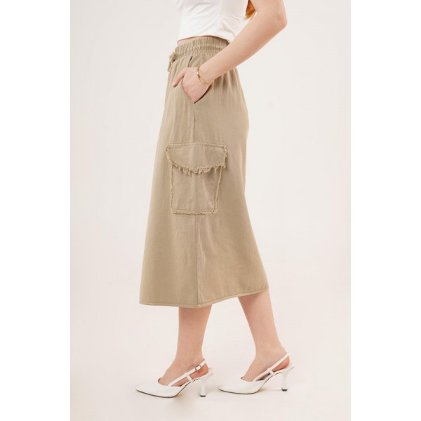 Ön Yırtmaçlı Cep Detaylı Haki Etek