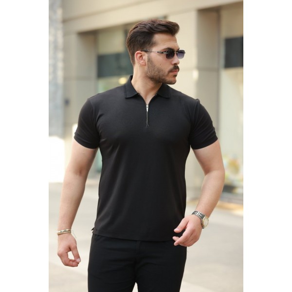 Erkek Deri Panel Detaylı Fermuar Yakalı Kısa Kollu Tişört