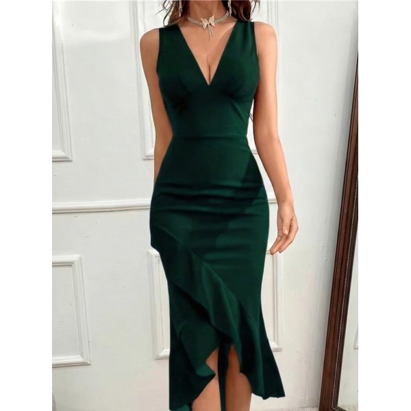 Kadın Askılı V Yakalı önden Fırfırlı Uzun Ithal Krep Elbise