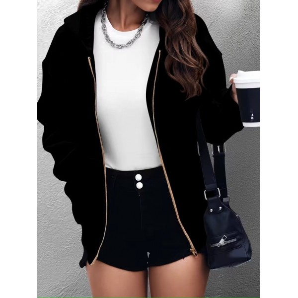 Kadın Uzun Kollu Kapşonlu Fermuarlı önden Cep Detaylı şardonlu Iki Iplik Ceket