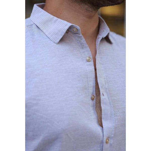 Erkek çizgi Desenli Uzun Kollu Pamuklu Keten Gömlek