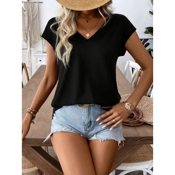 Kadın Kısa Kollu V Yakalı Arkadan Kurdele Detaylı Viskon Bluz