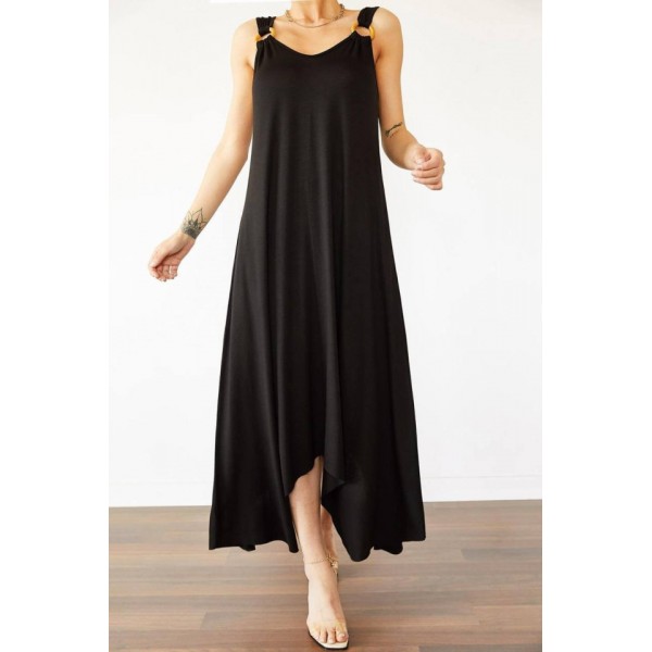 Kadın çan Dokuma Kumaş V Yaka Asimetrik Kesim Elbise