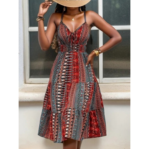 Kadın Ip Askılı V Yakalı Bağcıklı Beli Lastikli Desenli Süprem Elbise