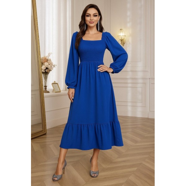 Kadın Uzun Kollu Kare Yakalı Gipeli Uzun Trikoton Elbise