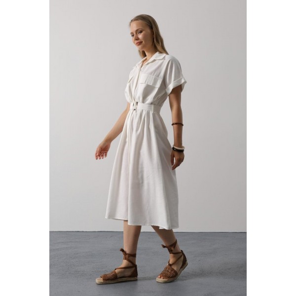 Kuşaklı Cep Detaylı Yarım Kol Elbise - Beyaz