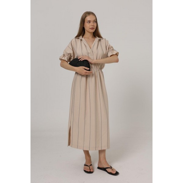 Beli Lastikli Elbise - Taş