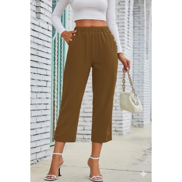 Kadın Beli Lastikli Düğme Ve Cep Detaylı Kapri Ithal Keten Pantolon