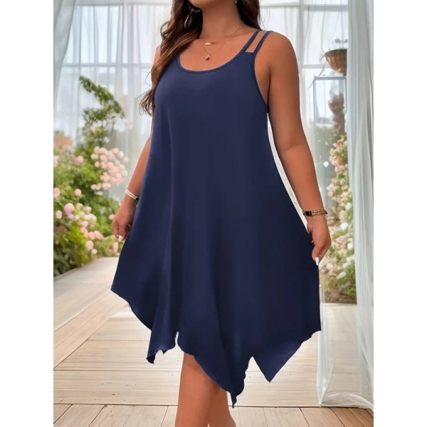 Kadın Askılı Yuvarlak Asimetrik Kesim Detaylı Viskon Elbise