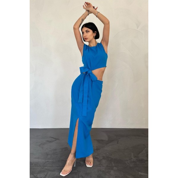 Turkuaz Kuşaklı Crop Ve Etek Takım