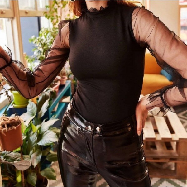 Kadın Kolları Tül Detaylı örme Krep Kumaş Bluz