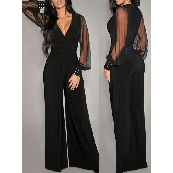 Kadın Uzun Kollu Kruvaze Yakalı Kolları Tüllü Viskon Tulum