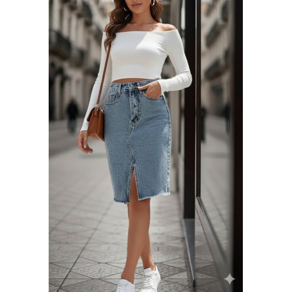 Kadın Elastik Bel Yırtık Kenar Detaylı Kot Etek