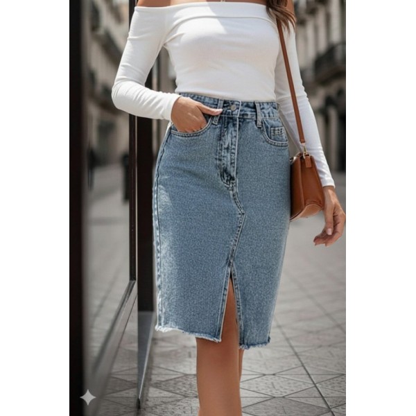 Kadın Elastik Bel Yırtık Kenar Detaylı Kot Etek