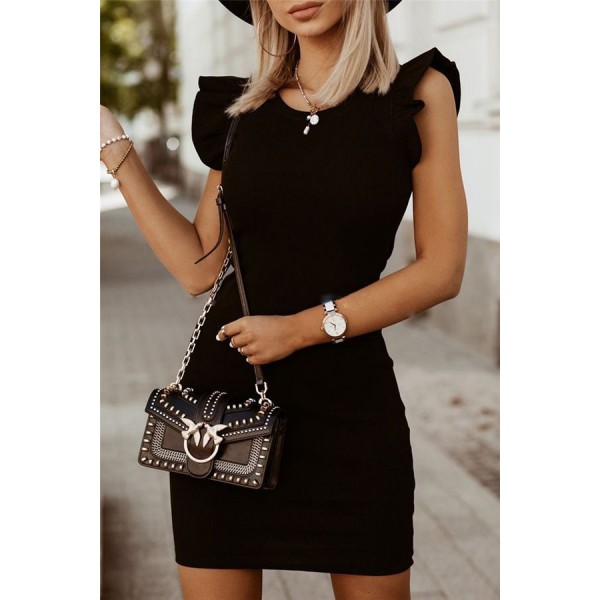 Kadın Kolsuz Omzu Volanlı Bisiklet Yaka Kaşkorse Mini Elbise