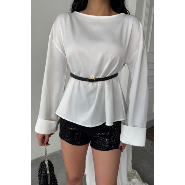 KEMER DETAYLI SATEN BLUZ - Beyaz