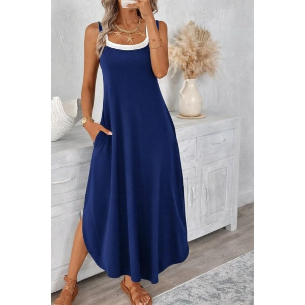 Kadın Ip Askılı Yuvarlak Yakalı Cepli Uzun Viskon Elbise