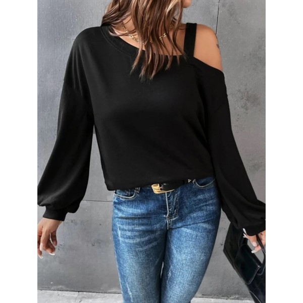 Kadın Uzun Kollu Tek Omuz Askı Detay Salaş Viskon Iki Iplik Bluz