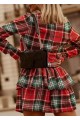 Kadın Ekose Kumaş Dijital Baskılı Uzun Kollu Mini Boy Elbise