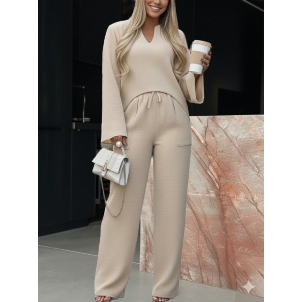 Kadın Uzun Kollu V Yakalı Keten Bluz Bağcıklı Pantolon Ikili Takım