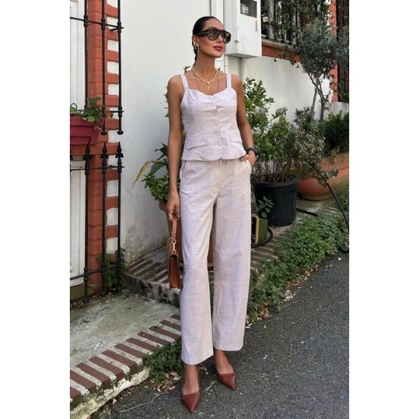 Kalın Askılı Bluz Pantolon Keten Takım 10187