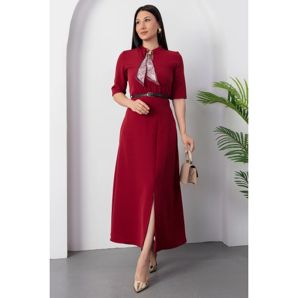 Kadın Kısa Kollu Fular Ve Kemer Detay önden Yırtmaçlı Maxi Boy Elbise