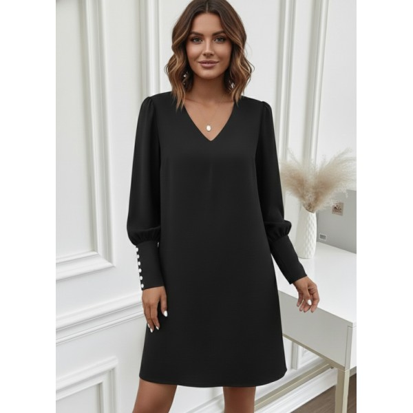 Kadın Uzun Kollu V Yakalı Kısa Ithal Krep Elbise