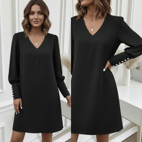 Kadın Uzun Kollu V Yakalı Kısa Ithal Krep Elbise