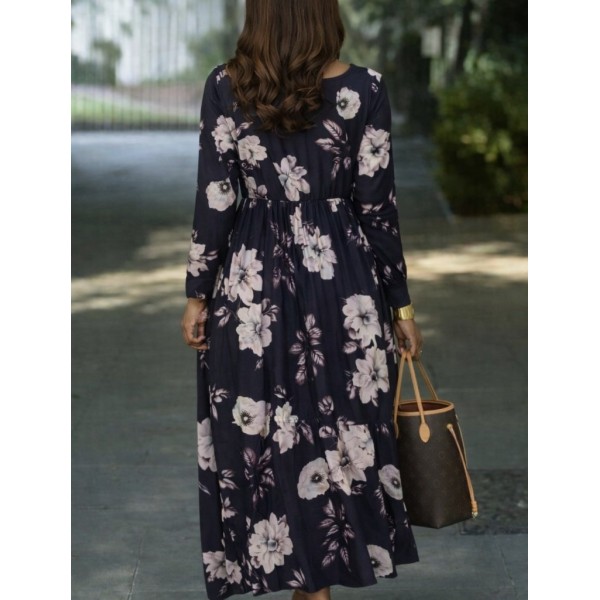 Kadın Uzun Kollu V Yakalı çiçek Desenli Maxi Süprem Elbise