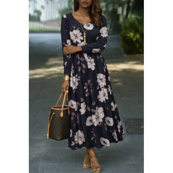 Kadın Uzun Kollu V Yakalı çiçek Desenli Maxi Süprem Elbise