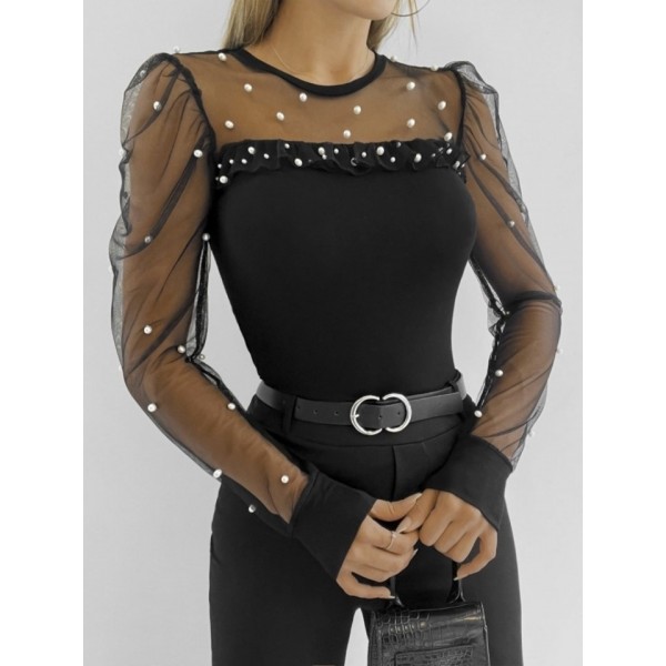 Kadın Uzun Kollu Inci Detaylı Tüllü Viskon Bluz