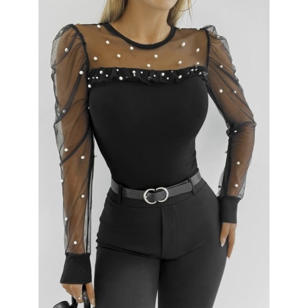 Kadın Uzun Kollu Inci Detaylı Tüllü Viskon Bluz